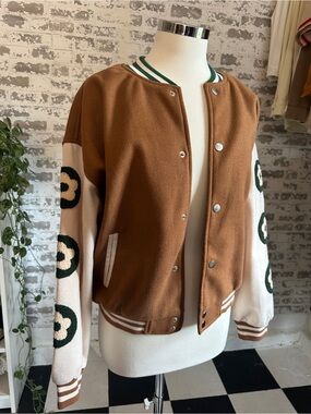 Brown, Cream and Green Varsity Jacket with Daisies